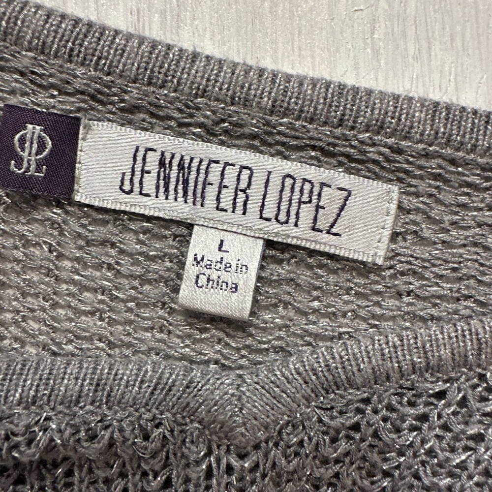 Jennifer Lopez Metallic Gray Open Knit Sweater L Long Sleeve Rayon Blend Top - Picture 6 of 8